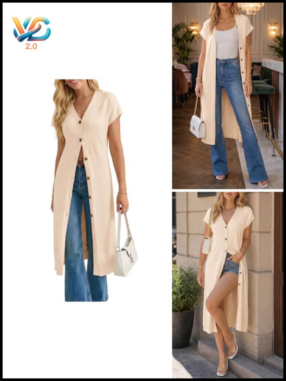 Lightweight Short Sleeve Button V Neck Loose Knit Midi Cardigan Dress